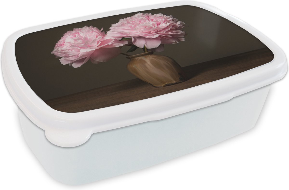 Broodtrommel Wit - Lunchbox - Brooddoos - Vaas - Bloemen - Roze - 18x12x6 cm - Volwassenen
