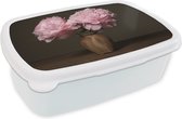 Broodtrommel Wit - Lunchbox - Brooddoos - Vaas - Bloemen - Roze - 18x12x6 cm - Volwassenen