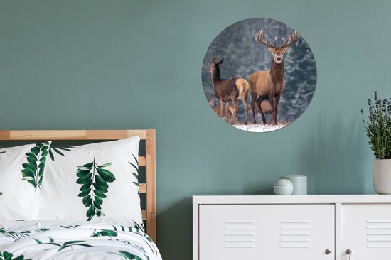 Behangcirkel - Behangsticker - Zelfklevend behang - Herten - Landschap - Dieren - Winter - Sneeuw - Wanddecoratie rond - 80x80 cm - Woonkamer