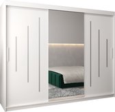 InspireMe - Kledingkast met 3 schuifdeuren, Modern-stijl, Een kledingkast met planken en een spiegel (BxHxD): 250x200x62 - MALTESE I 250 Wit Mat