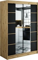 InspireMe - Kledingkast met 2 schuifdeuren, Modern-stijl, Een kledingkast met planken en een spiegel (BxHxD): 150x200x62 - JARED V4 150 Artisan Eik + Zwart Mat