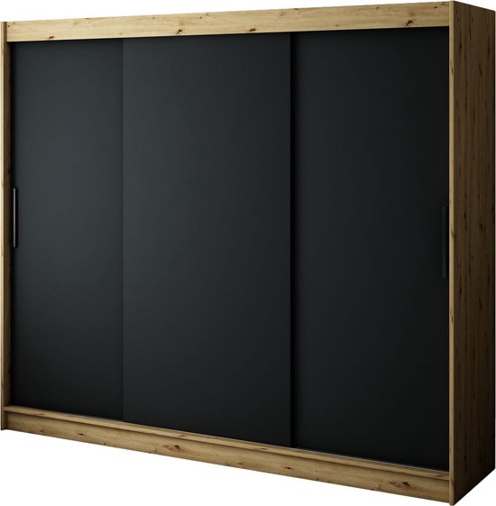 InspireMe - Kledingkast met 3 schuifdeuren, Modern-stijl, Een kledingkast met planken (BxHxD): 250x200x62 - JARED T 250 Artisan Eik + Zwart Mat