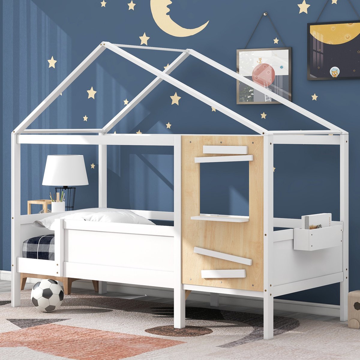 Kinderhuisbed met raam - met kleine houten kist - grenen frame - beschermende MDF-plaat - wit 200x90cm