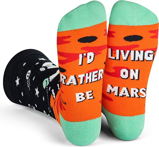 Malinsi® Grappige Sokken - I'd rather live on Mars - Leuke Huissokken Heren & Dames - Gekke Cadeaus Elon Musk - Vrolijke Cadeautjes Volwassenen - Funny Socks - Cadeau voor Mannen - Vaderdag Geschenk met Tekst - Geschenkset Giftset Papa Vader