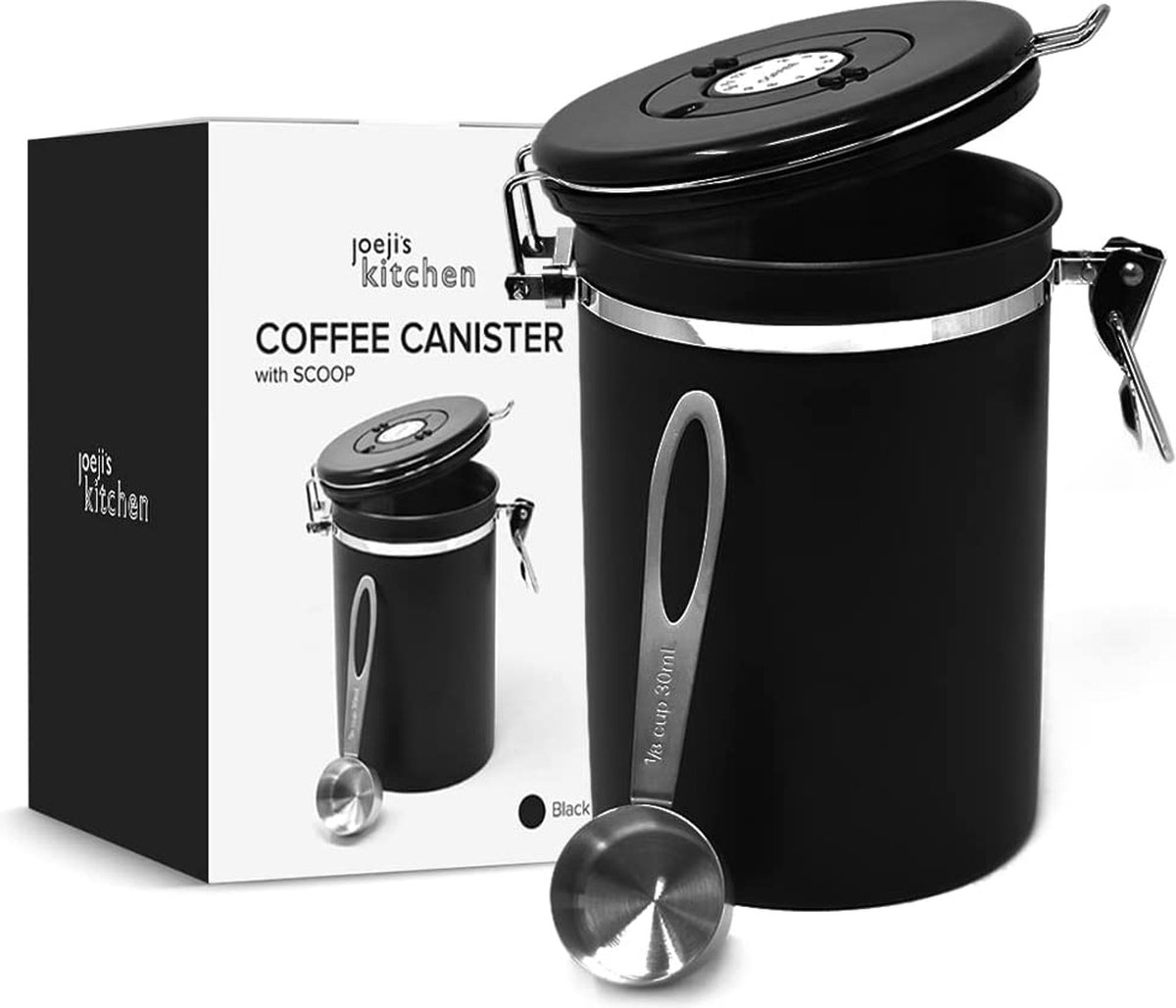 Joejis Kitchen Hoogwaardige koffiebonencontainer zwart, luchtdichte koffiekan Maximale capaciteit 500-600 gram koffiebonen zwart, ideaal voor het bewaren van koffie
