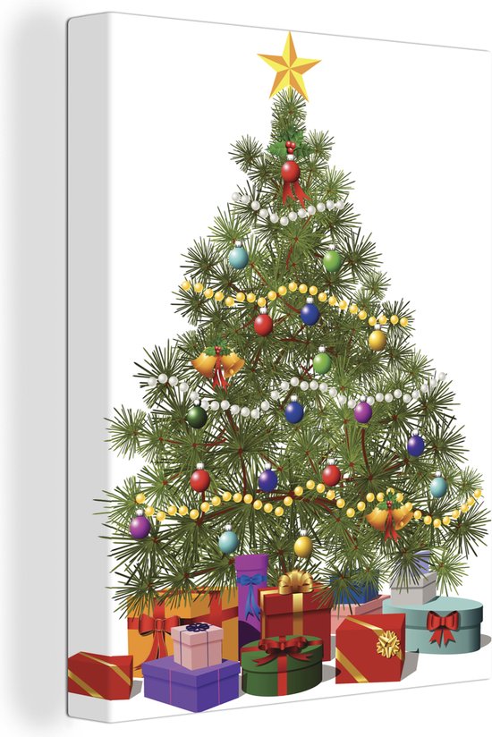 Canvas Schilderij Een illustratie van een dennenboom als kerstboom versierd - 30x40 cm - Wanddecoratie