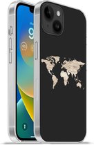 Geschikt voorApple Iphone 14 Plus - Soft case hoesje - Wereldkaart - Hooi - Bruin - Siliconen Telefoonhoesje