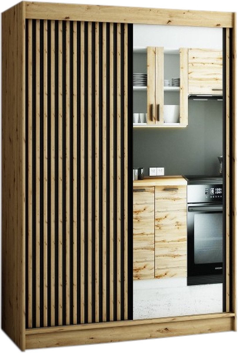 InspireMe - Kledingkast met 2 schuifdeuren, Loft-stijl, Kledingkast met planken (BxHxD): 150x200x62 - MELO II 150 met 2 lades Artisan Eik + Zwart