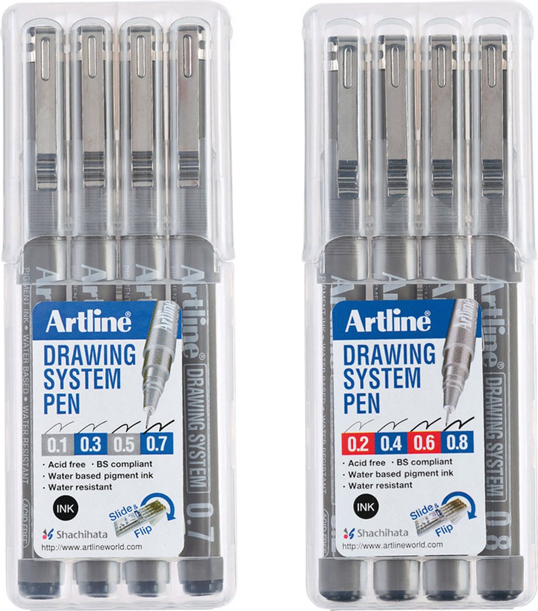 ARTLINE Fineliners Kit - 2 Sets van 4 stuks - 1 tot 8mm Lijndikte - Zwart