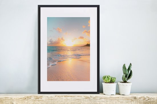 Poster in lijst - Fotolijst 40x60 cm - Posters - Zonsondergang - Strand - Zee - Zomer - Blauw - Posterlijst zwart - Decoratie - Wanddecoratie woonkamer - Muurdecoratie slaapkamer