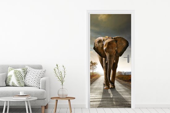 Sticker pour porte Éléphant - Route - Animaux - Coucher de soleil - Paysage - 80x205 cm - Affiche de porte