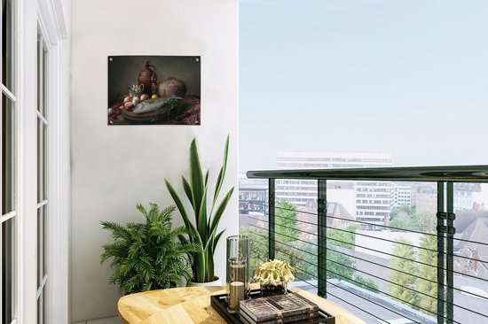 Décoration de Jardin Rustique - Poisson - Nature morte - Légumes - Herbes - 40x30 cm - Toile de jardin - Affiche extérieure