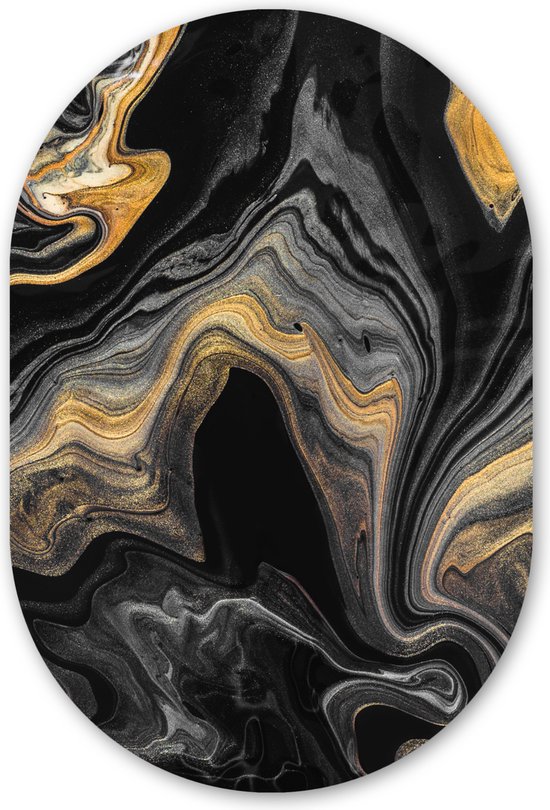 Muurovaal - Wandovaal - Kunststof Wanddecoratie - Ovalen Schilderij - Marmer - Acryl - Goud - Luxe - Abstract - 60x90 cm - Ovale spiegel vorm op kunststof