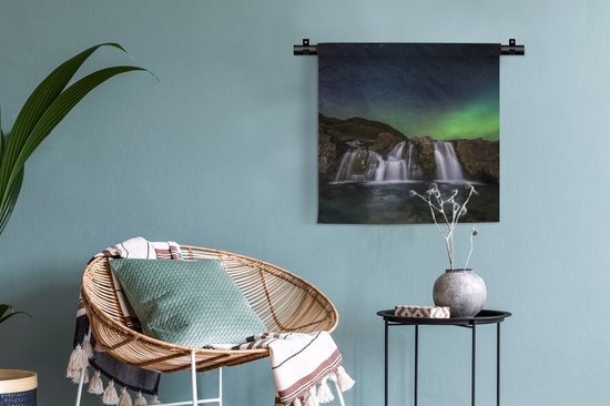 Tenture murale - Tissu mural - Aurores boréales - Cascade - Islande - 60x60 cm - Tapisserie murale