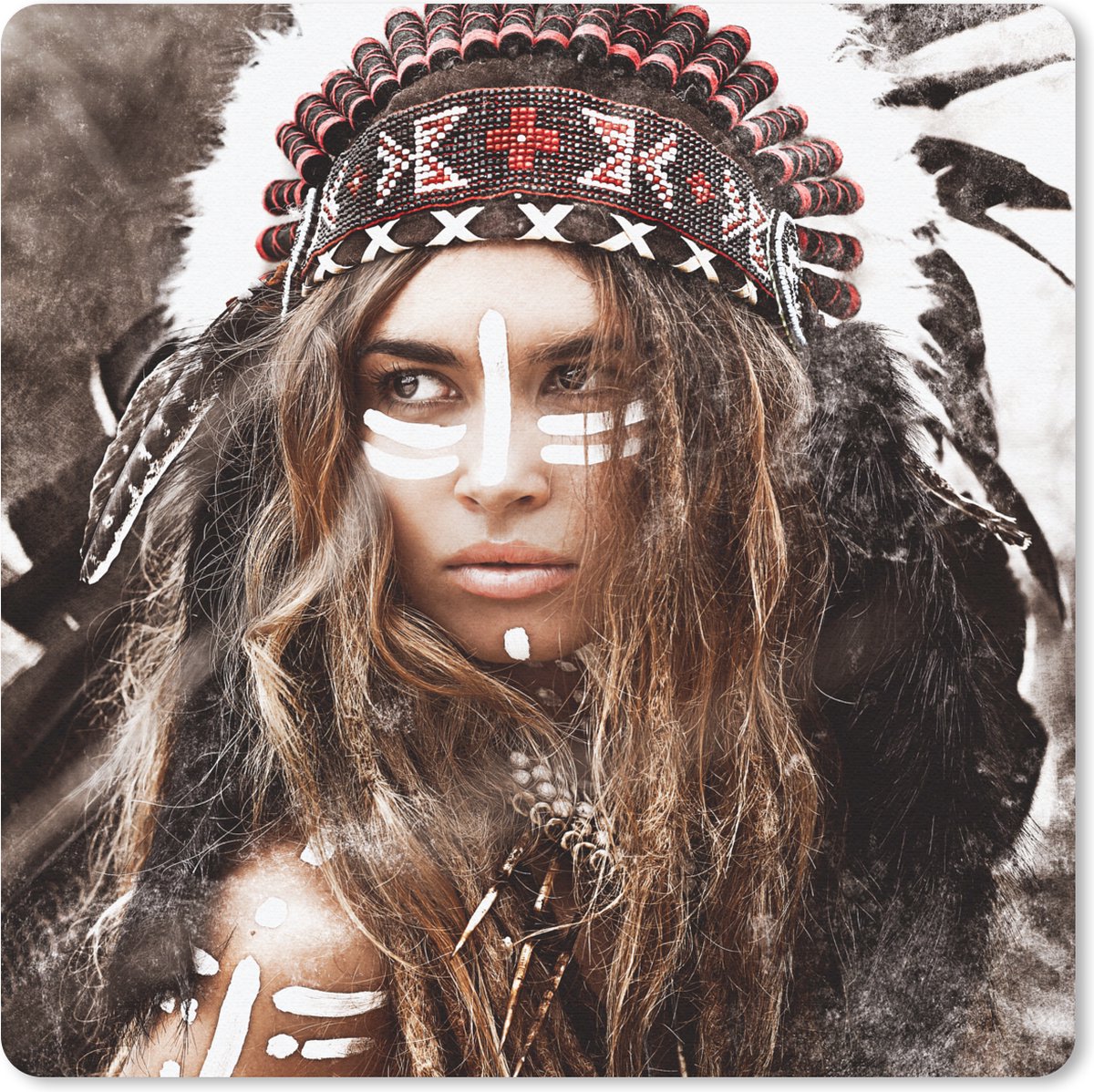 Muismat 30x30 cm - Mousepad Vrouw - Indianentooi - Veren - Strepen - Muismatten
