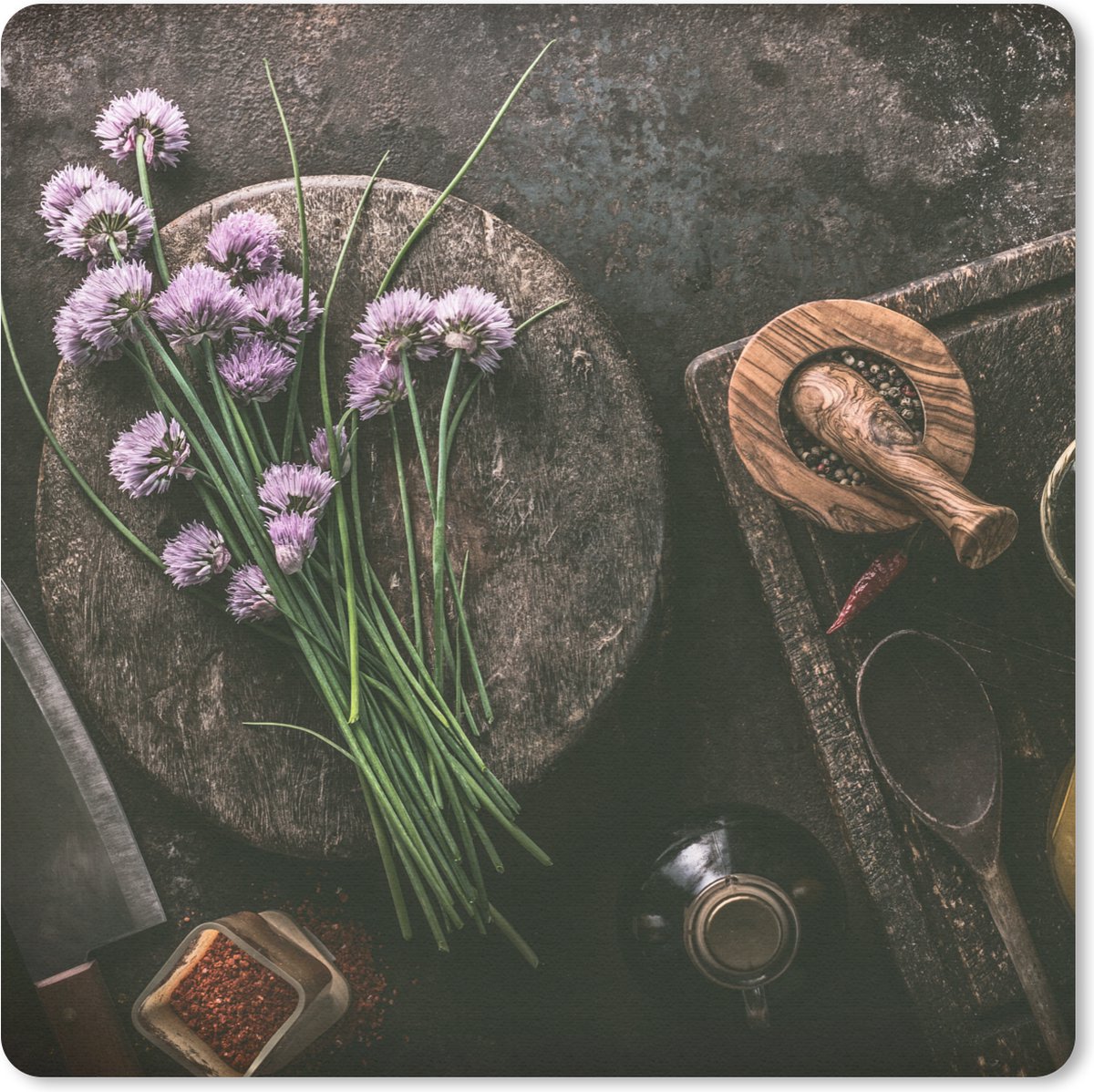 Muismat 20x20 cm - Mousepad Bieslook - Keuken - Vijzel - Rustiek - Kruiden - Paars - Muismatten