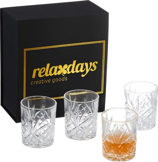Relaxdays whiskeyglazen set - 4-delig - thumblerglazen - cadeau set - geschenkdoos