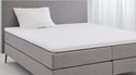 Wit hoeslaken op een opgemaakt bed met grijze boxspring en hoofdbord.