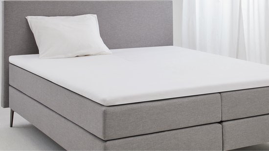 Wit hoeslaken op een opgemaakt bed met grijze boxspring en hoofdbord.