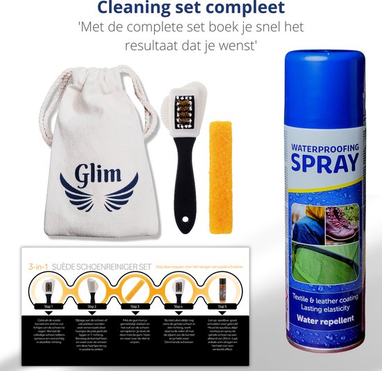 Glim® Deluxe Suede borstel - Suede set in katoenen opbergzakje + Impregneer spray waterproof - Schoenpoets set - Voor schoenen - Glim®