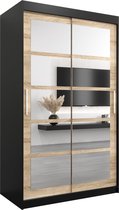InspireMe - Kledingkast met 2 schuifdeuren, Modern-stijl, Een kledingkast met planken en een spiegel (BxHxD): 120x200x62 - VENEZIA II 120 Zwart Mat + Sonoma Eik