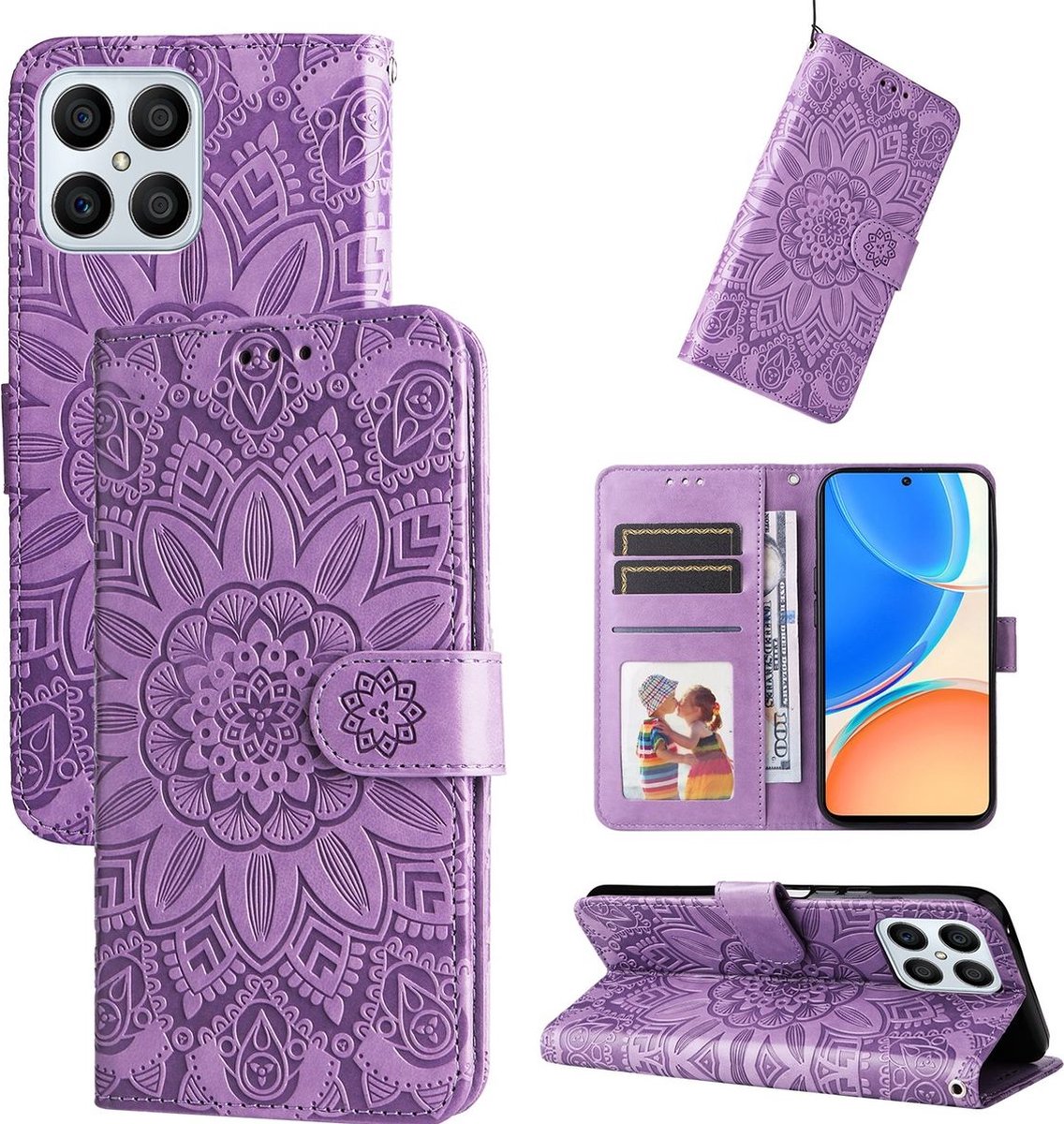 Mobigear Telefoonhoesje geschikt voor HONOR X8 Hoesje | Mobigear Sunflower Bookcase Portemonnee | Pasjeshouder voor 3 Pasjes | Telefoonhoesje voor Pinpas / OV Kaart / Rijbewijs - Paars