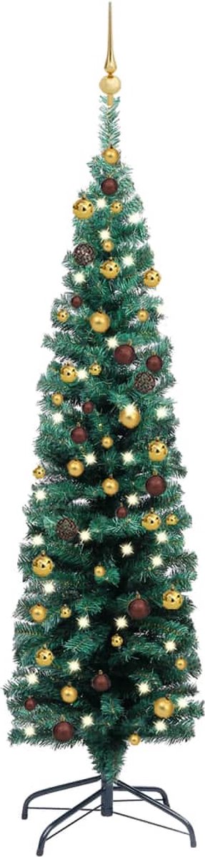 Prolenta Premium - Kunstkerstboom met LED's en kerstballen smal 150 cm groen