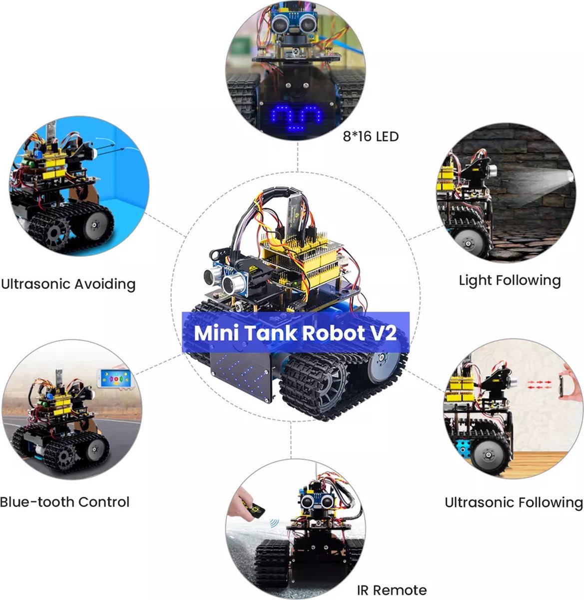 Keyestudio Mini Tank Robot Kit voor Arduino met "V4" moederbord bol