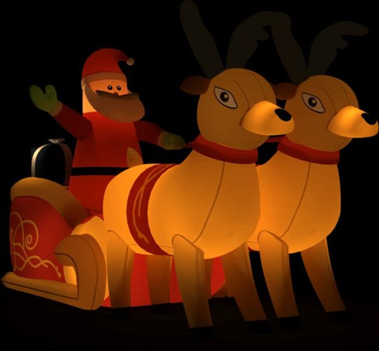 Père Noël lumineux en costume rouge de père Noël dans un traîneau tiré par deux rennes jaunes.