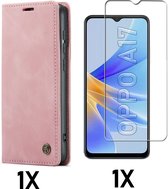 Casemania Hoesje Geschikt voor Oppo A17 Pale Pink & Glazen Screenprotector - Portemonnee Book Case