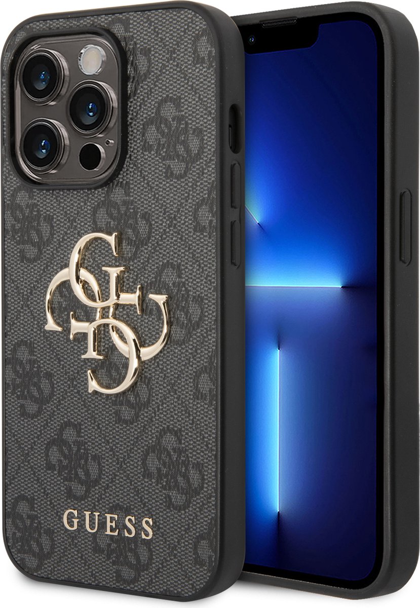 Guess Golden Logo Geschikt Voor iPhone 14 Pro Hoesje - Grijs
