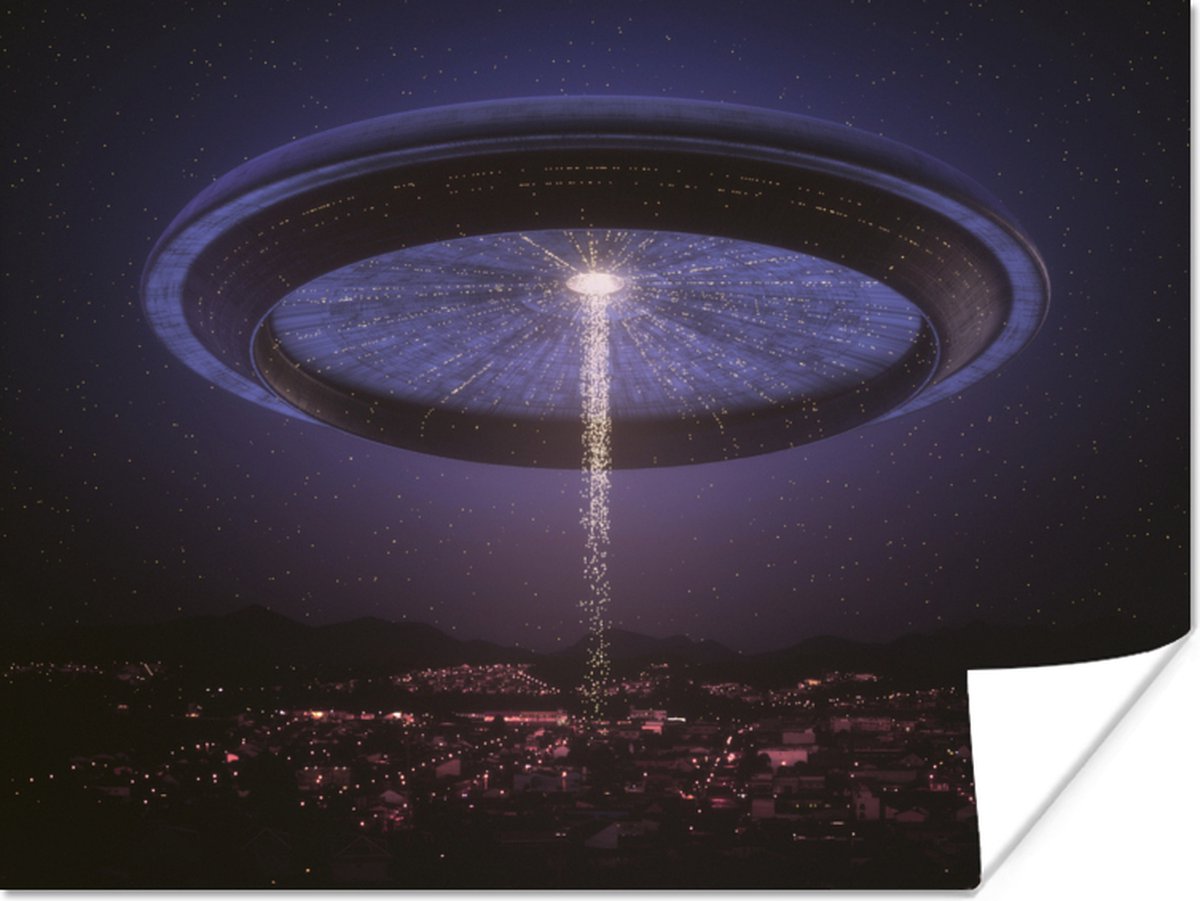 Poster Een illustratie van een UFO boven een stad - Jongens - Meisjes - Kinderen - Kind - 160x120 cm XXL op Prijzenvolger.com