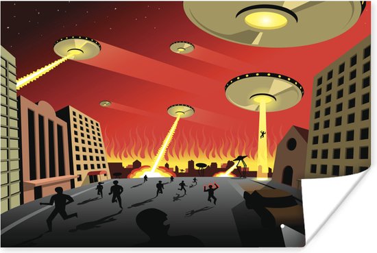 Poster 40x30 cm - Een illustratie van UFO's die een stad aanvallen - Jongens - Meisjes - Kinderen - Kind - Posters - Kamer decoratie - Wanddecoratie woonkamer - Muurdecoratie slaapkamer