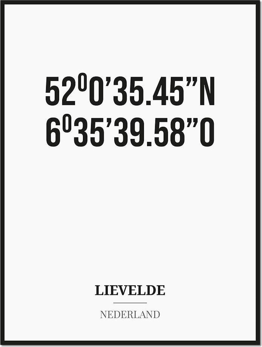 Studio216 Poster/kaart LIEVELDE met coördinaten zwart, wit