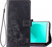 Lucky Clover geperst bloemenpatroon lederen tas voor OPPO A83, met houder & kaartsleuven & portemonnee & draagriem (zwart)