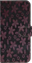 Made-NL Handmade Echt Leer Book Case Voor Samsung Galaxy Note 10 Lite Donkergrijs leder met een roze bloemetje.