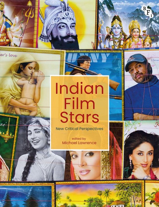 Boekomslag met een collage van Indiase filmsterren en godheden; tekst: Indian Film Stars, New Critical Perspectives.