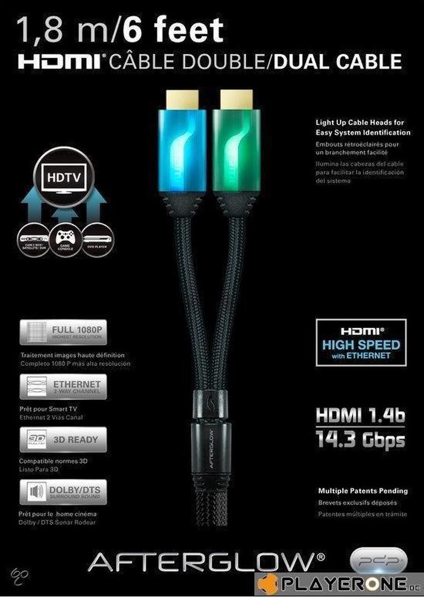 Afterglow HDMI Kabel 2X 1.80m Blauw/Groen Wii U + Xbox 360 + Xbox One + PS3 + PS4