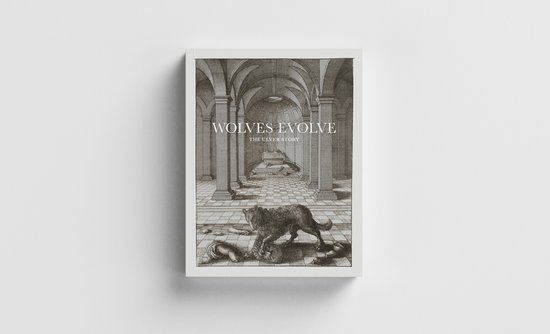 Boek met de titel 'Wolves Evolve: The Ulver Story', met een zwart-wit illustratie van een wolf in een gewelfd gebouw.
