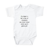 Rompertjes baby met tekst - My diaper is like a box of choclates. You never know what you're gonna get - Romper wit - Maat 50/56