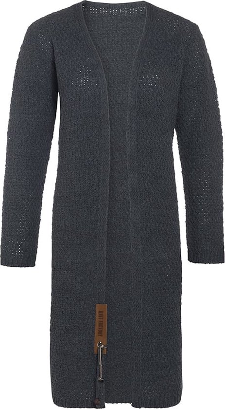 Knit Factory Luna Lang Gebreid Vest Antraciet - Gebreide dames cardigan - Lang vest tot over de knie - Donkergrijs damesvest gemaakt uit 30% wol en 70% acryl - 36/38