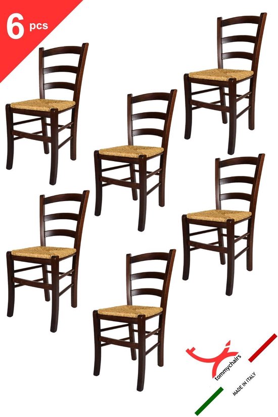 Tommychairs - Ensemble de 6 chaises modèle Venezia. Très approprié pour la cuisine, la salle à manger, mais aussi pour la restauration. Assise en noyer teinté et paille passepoilée
