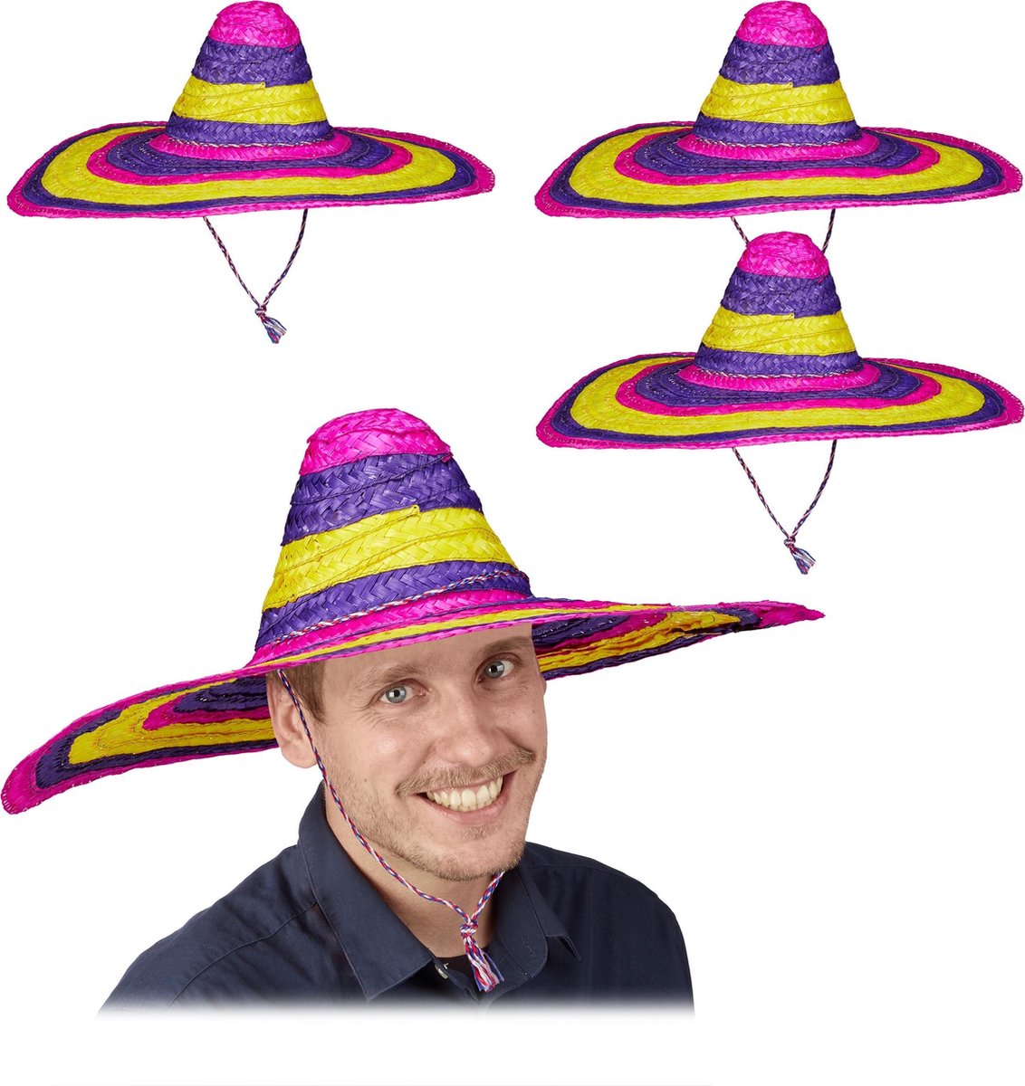 relaxdays 4 x Mexicaanse hoed - sombrero volwassenen - strohoed gekleurd - Mexico - 55 cm