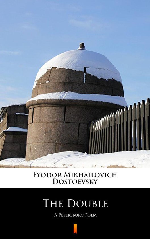 Boekomslag van 'The Double' door Fyodor Mikhailovich Dostoevsky, met een winterse afbeelding van een gebouw met sneeuw