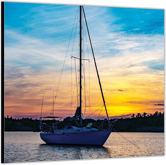 Dibond –Grote Boot tijdens Zonsondergang– 100x100 Foto op Aluminium (Wanddecoratie van metaal)