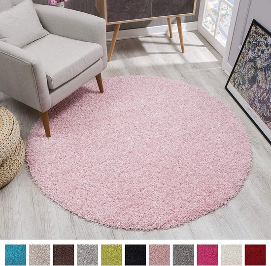 Shaggy Hoogpolig Rond vloerkleed Licht Roze Tapijt Carpet - 120 x 120 cm |