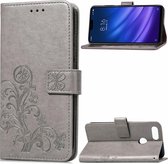 Lucky Clover geperste bloemenpatroon lederen tas voor Xiaomi Mi 8 Lite, met houder en kaartsleuven & portemonnee en handriem (grijs)