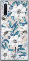 Samsung Note 10 Plus hoesje siliconen - Bloemen / Floral blauw | Samsung Galaxy Note 10 Plus case | blauw | TPU backcover transparant