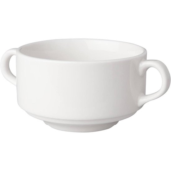Witte soepkom met twee handvatten en een verhoogde voet.