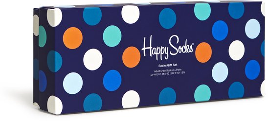 Happy Socks gift set doos met blauwe achtergrond en veelkleurige stippen.